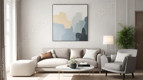Fototapeta A modern living room features sleek lines, chic furnishings, minimal decor, and bright, elegant accents.
