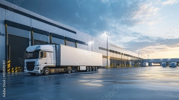 Fototapeta Logistics Center at Sunset with Trucks and Trailers Docking at Loading Bays
