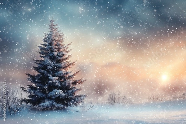 Fototapeta Snow-covered Pine Tree in a Winter Landscape with a Softly Lit Sky