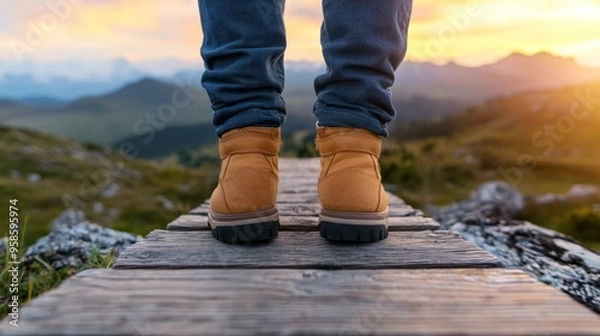 Fototapeta Person stepping onto a bridge leading to a new adventure, symbolizing a fresh start