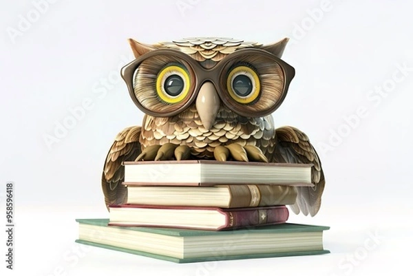 Fototapeta A cartoon owl wearing glasses sits on top of a stack of books