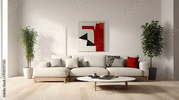 Fototapeta A modern living room features sleek lines, chic furnishings, minimal decor, and bright, elegant accents.