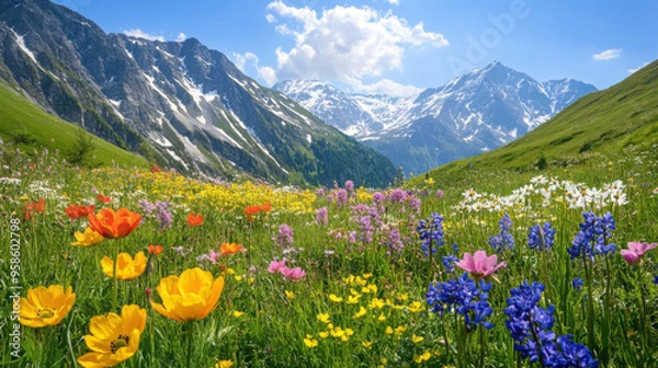 Fototapeta A vibrant display of spring flowers in the Alps, with majestic mountain ranges and clear skies creating a stunning backdrop.