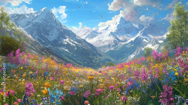 Fototapeta A colorful alpine spring scene with a variety of wildflowers in bloom, set against the backdrop of the majestic Alps.