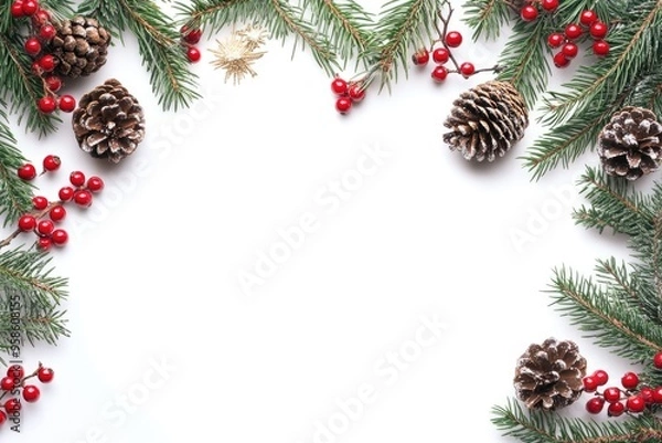 Obraz Christmas border with tree branches  red berries  pine cones.