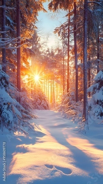 Obraz A panoramic view of an enchanted winter forest at sunset, with tall trees covered in snow and the warm glow of sunlight filtering through them