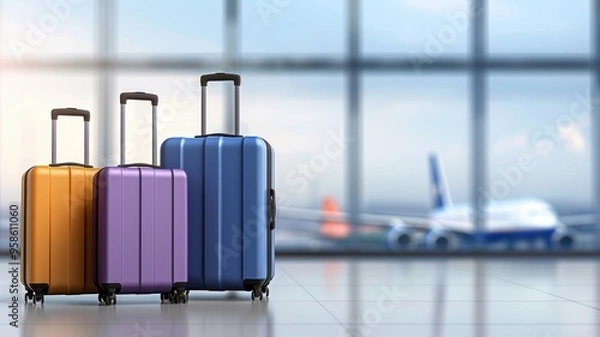 Fototapeta luggage stands at the airport terminal, with an airplane visible through the large windows in the background, symbolizing travel.