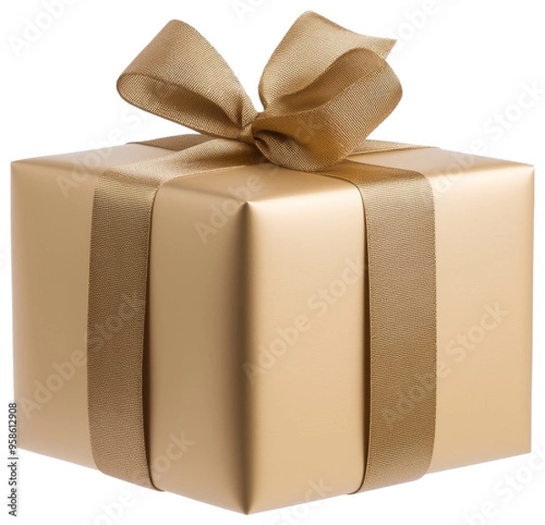 Fototapeta A beautifully wrapped golden gift box adorned with a satin ribbon isolated on transparent background.