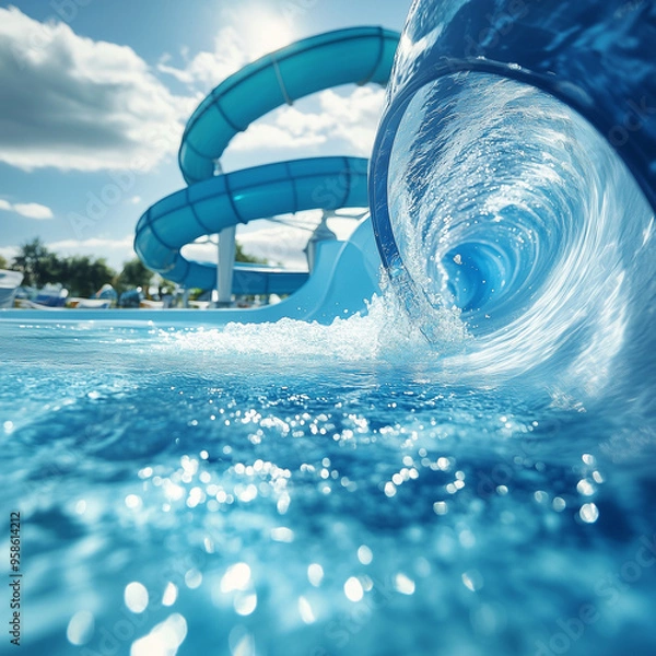 Obraz Close-up of a large waterslide spiraling into a crystal-clear pool at a waterpark