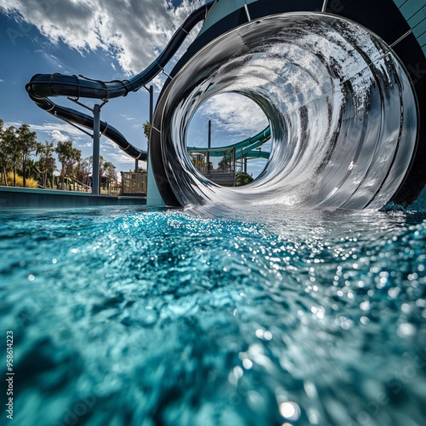 Obraz Close-up of a large waterslide spiraling into a crystal-clear pool at a waterpark