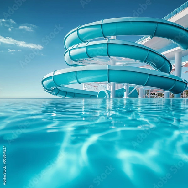 Obraz Close-up of a large waterslide spiraling into a crystal-clear pool at a waterpark