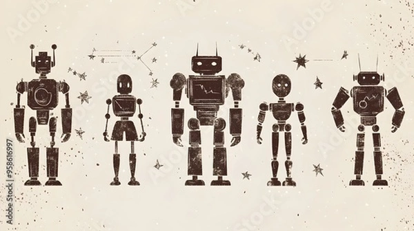 Fototapeta Silhouetted Futuristic Robot in Technical Diagram Style