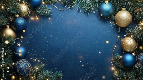 Fototapeta Decorative winter holiday background featuring blue and gold ornaments on a dark blue surface with sparkling lights