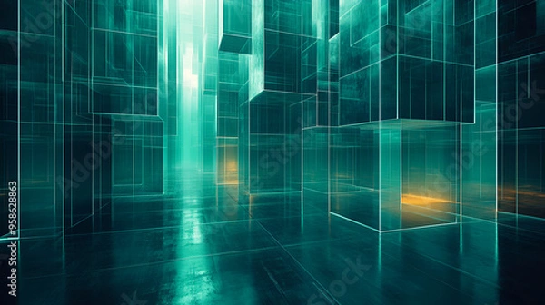 Fototapeta Abstract digital landscape featuring tall translucent structures and illuminated reflections in a futuristic environment