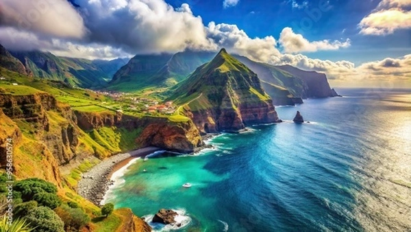 Fototapeta An awe inspiring stock photo showcasing the untamed beauty of Madeira a Portuguese island nestled in the vastness of the Atlantic Ocean, Atlantic, natural wonder, dramatic cliffs