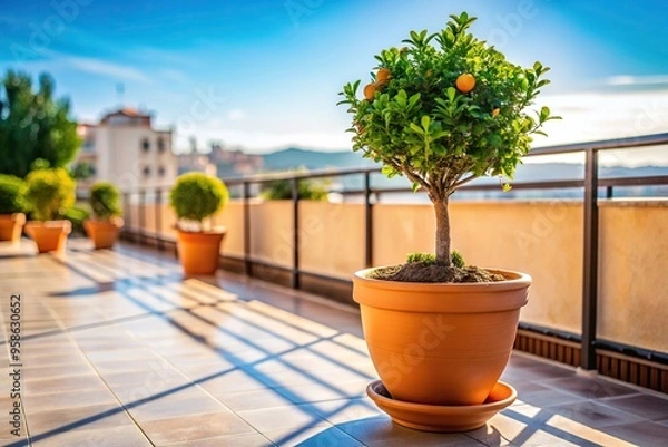 Fototapeta greenery, wide-angle shot, sunlight, vegetation, growth, summer, decor, nature,terrace, vibrant, foliage, pot, A wide angle shot of a pot with a small orange plant on a terrace