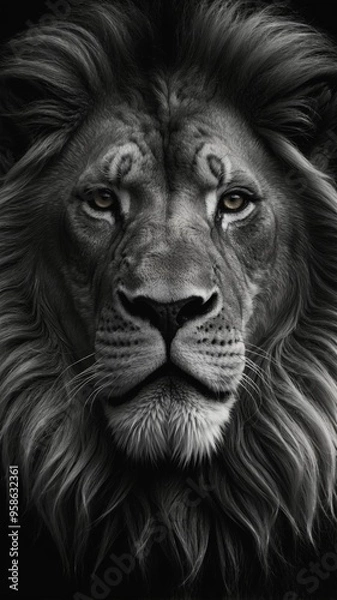 Fototapeta A black and white drawing of a lion's head on a black background.
