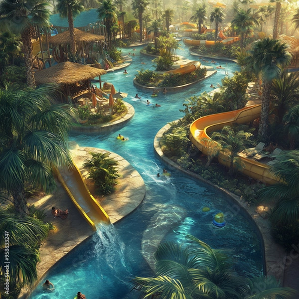 Obraz Panoramic view of a waterpark with lazy rivers, slides, and palm trees, creating a tropical atmosphere