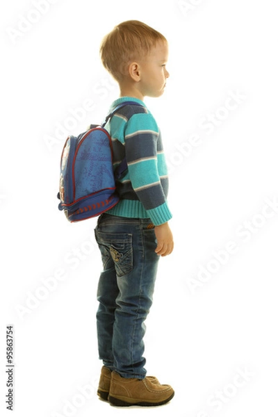 Fototapeta a little boy with a briefcase in blue sweater isolated on a white background