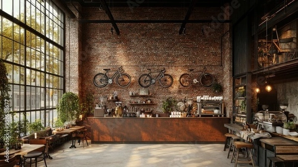 Fototapeta Modern Industrial Cafe Interior Design with Brick Wall  Bikes  and Rustic Furniture