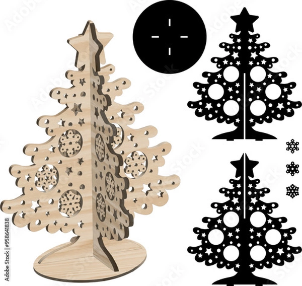 Fototapeta 3D Christmas Tree Laser Cut File Template Vector 3d Spruce Pine  Model New Year Decoration