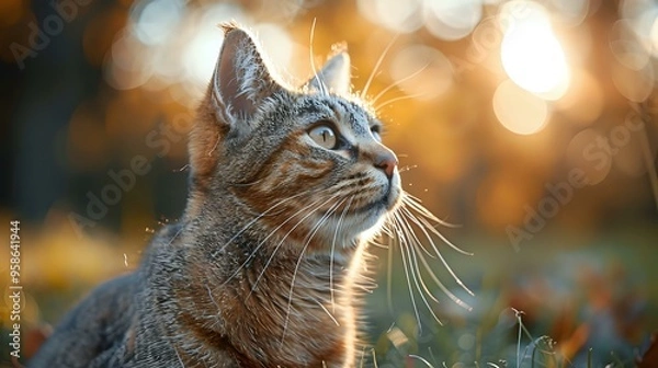 Fototapeta A close-up of a tabby cat sitting outdoors, bathed in warm sunlight with a soft bokeh background, giving a peaceful and reflective feel. Ideal for pet photography, nature themes, and cat-lover project