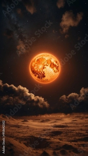 Fototapeta A bright orange sun is surrounded by a cloud of dust and stars.