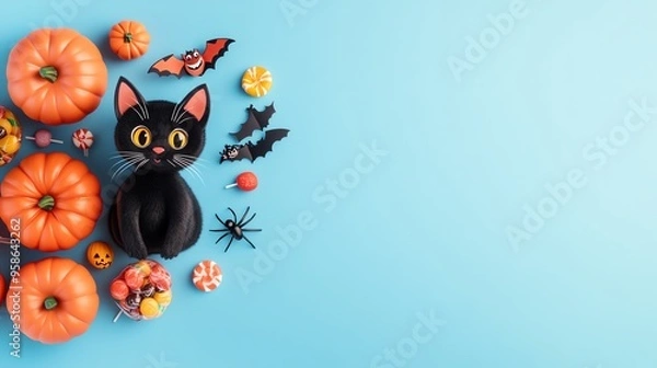 Obraz Festive Halloween scene featuring pumpkins, candies, and a playful black cat on a vibrant blue background.
