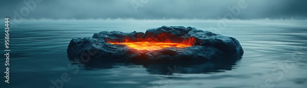Fototapeta A dramatic scene of a molten lava pool emerging from the calm waters of an ocean, surrounded by a misty, atmospheric backdrop.