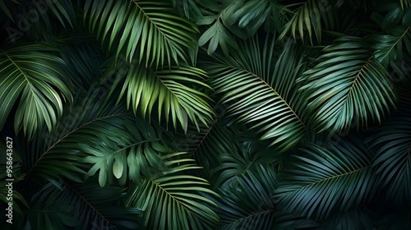 Fototapeta A background of dark green palm leaves with vibrant colors, creating an exotic and lush atmosphere