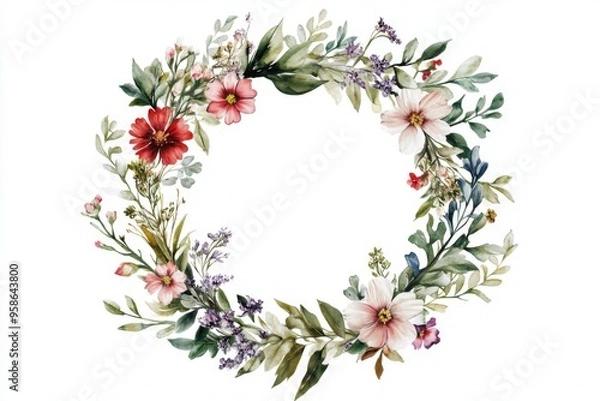 Fototapeta whimsical watercolor design featuring a circular wreath of wildflowers and leaves, surrounded by a soft green border, on a clean white canvas