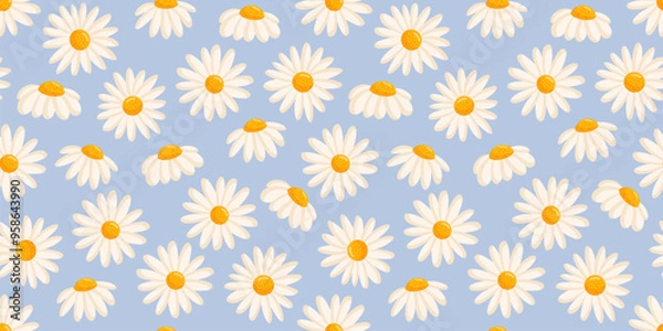 Fototapeta Seamless pattern with blooming daisies. Chamomile vector floral illustration for postcard, poster, fabric, wrapping paper, decor etc. Flowers for spring and summer holidays.