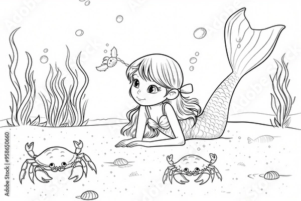Fototapeta A young girl with a mermaid tail explores an underwater scene, accompanied by crabs and playful fish, showcasing a whimsical oceanic adventure.