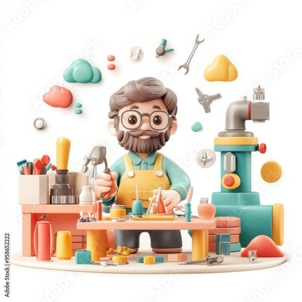Fototapeta Inventor creating machine, scattered tools and gadgets, cute clay 3D illustration, in clipart style, sharp focus, on 100% white background