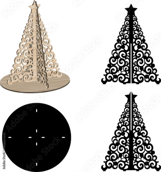 Fototapeta 3D Christmas Tree Laser Cut File Template Vector 3d Spruce Pine  Model New Year Decoration