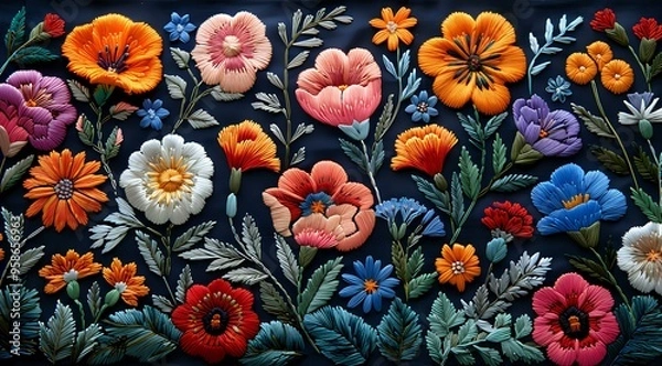 Fototapeta richly detailed floral pattern with vibrant blossoms in shades of orange, red, blue, and white, set against a dark background. This design exudes a vintage, embroidered aesthetic, perfect for use