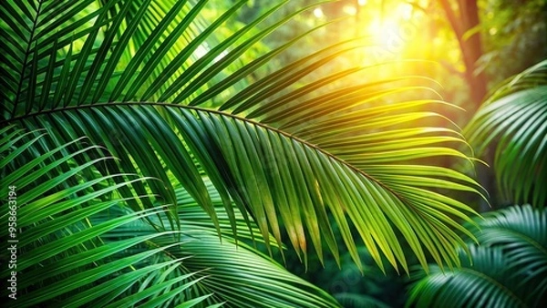 Fototapeta palm tree, background, jungle, South America, close-up, Tropical background with a close up of a green plant leaf in the South American forest jungle featuring a palm tree