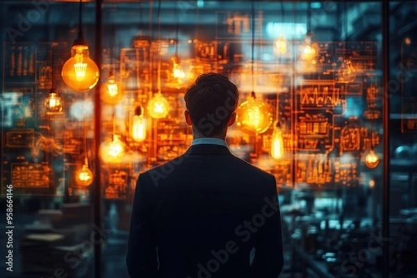 Fototapeta A Man of Vision:  A businessman in a suit stands before a wall of glowing light bulbs, his back to the camera, gazing into the future. The warm light illuminates the scene, creating a powerful visual 