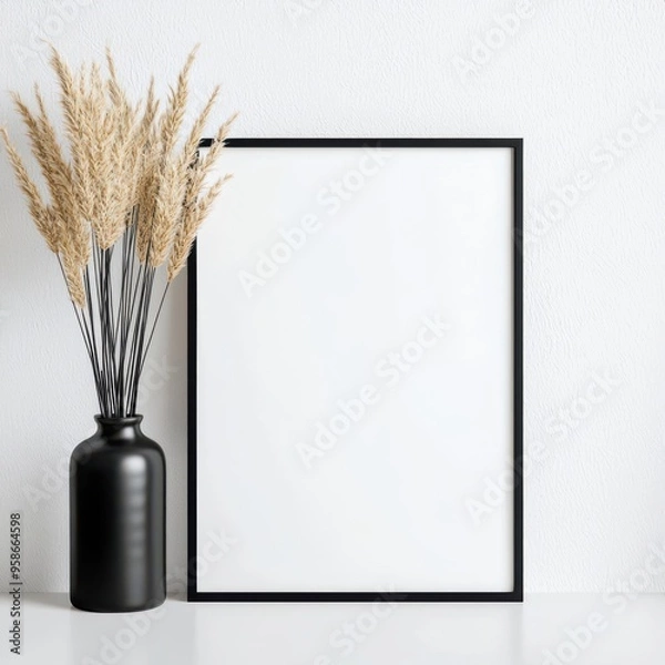 Fototapeta Stylish black vase with dried grass beside a blank frame on a light surface, perfect for modern decor and minimalistic design.