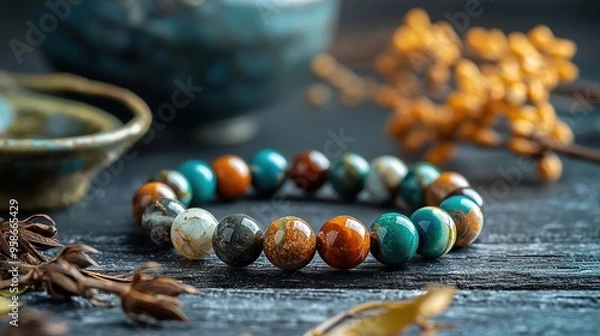 Obraz Colorful Gemstone Bracelet on Dark Wooden Background.