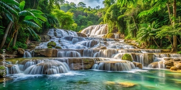 Fototapeta Majestic Dunn's River Falls in Jamaica, a breathtaking 180-foot waterfall cascading over lush green rocks, surrounded