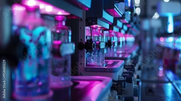 Fototapeta A close-up view of laboratory vials illuminated with vibrant colors, showcasing advanced technology in a modern research facility.
