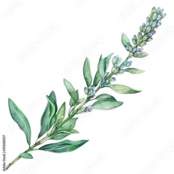 Fototapeta Hand-drawn Watercolor Illustration of Medicinal Sagebrush with Aromatic Herbal Oil