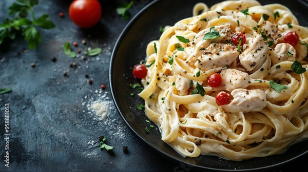 Fototapeta Pasta with chicken and cream sauce on modern kitchen table, text space