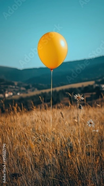 Fototapeta Yellow Balloon Floating Above Field.