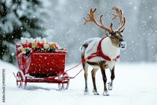 Fototapeta Reindeer Pulling a Red Sleigh Through a Snowy Forest