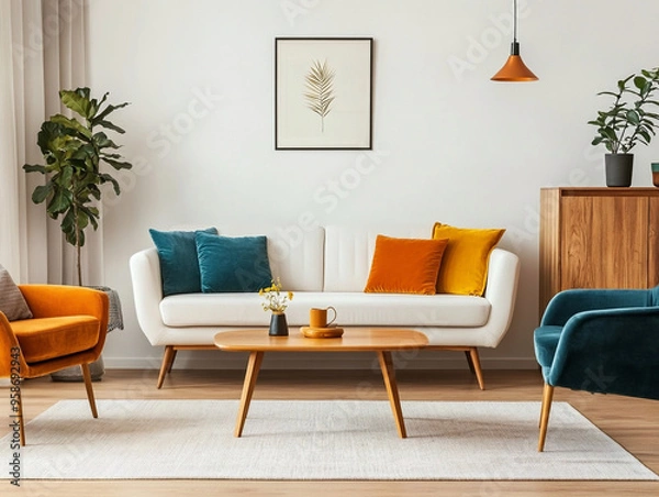 Fototapeta This is a living room with a white sofa and cushions and armchairs. There are orange and blue chairs and cushions to accentuate the Scandinavian interior as a base. Generative AI