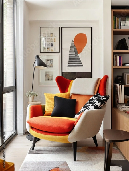 Fototapeta Minimalist, Homes with Armchairs This is the mid century modern interior of the living room. Generative AI
