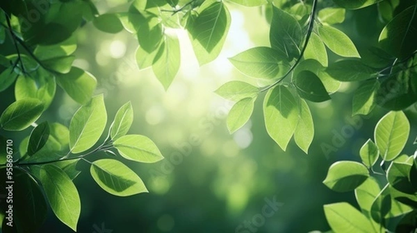 Fototapeta Lush green leaves frame a peaceful forest scene, with dappled sunlight filtering through, creating a serene natural atmosphere.