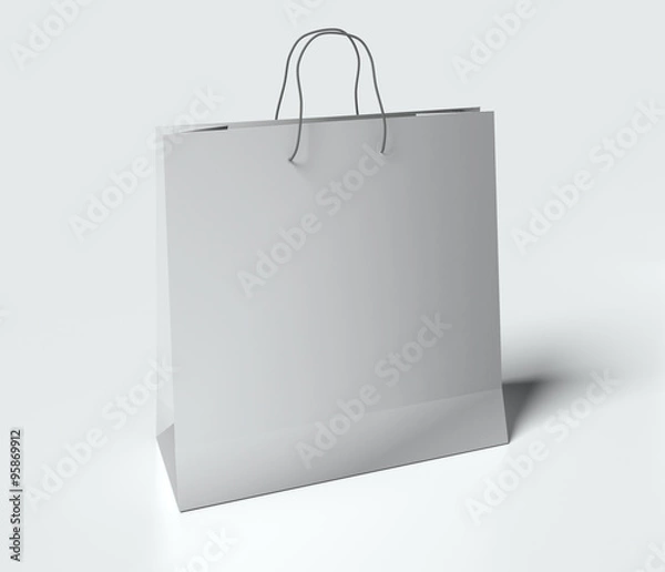Obraz Light gray paper bag with handles on white background. mock up